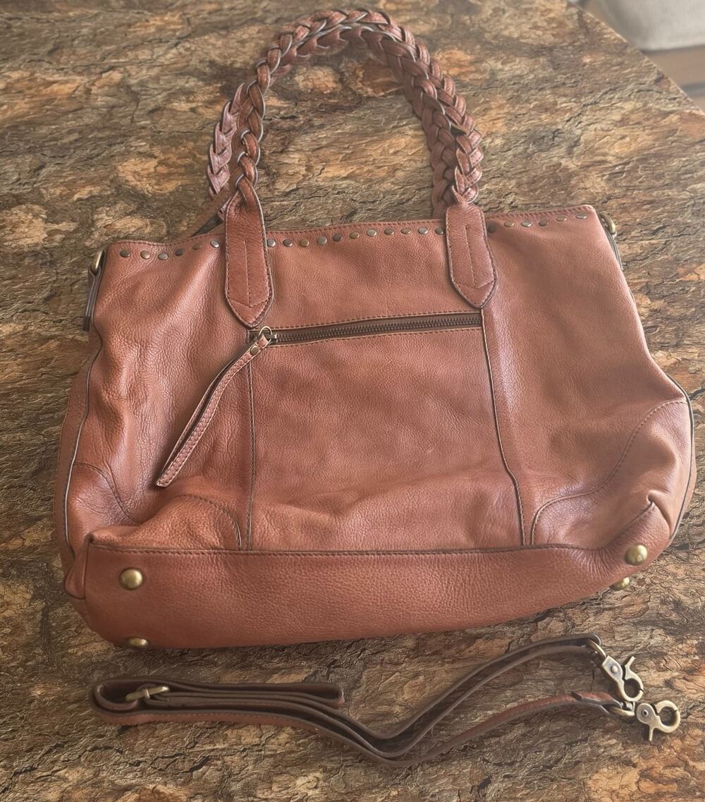 Frye & Co Victoria Stud Leather Satchel Cognac Brown Braided Handle Crossbody